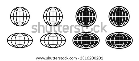 World globe icons set. Earth globe sign. Round and flatten planet symbol. Graphic elements. Vector.