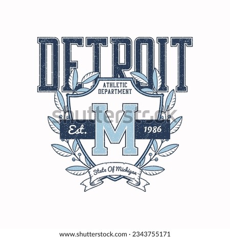 Detroit, Michigan t-shirt design with college shield and laurel wreath. College style tee shirt design. Sports apparel print with grunge. Vector illustration.