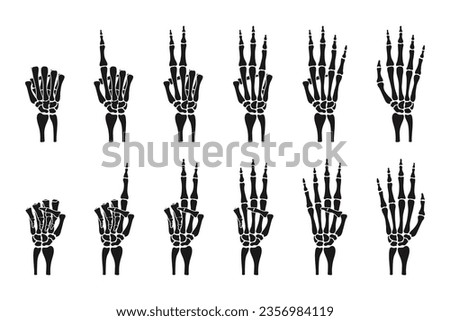 Skeleton bone hand shows a number with its fingers. Collection of hand-drawn skeleton hand signs counting number of fingers. Vector illustration.