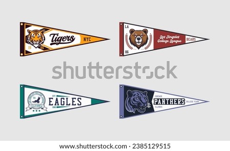 Pennant flag set for college volleyball, baseball, basketball or soccer team. Tigers, eagles and bears, panthers college teams pennant flags. Vintage banners for t-shirt and other print. Vector