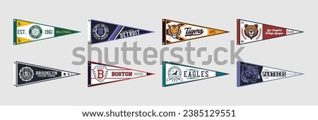 Pennant flag set for college volleyball, baseball or basketball team. College teams pennant flags with various states, cities and different animals. Vintage banners for t-shirt and other print. Vector