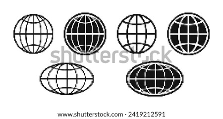 World globe pixel icons set. Pixelated Earth globe sign. Round and flatten planet symbol in pixel art. Graphic elements. Vector.