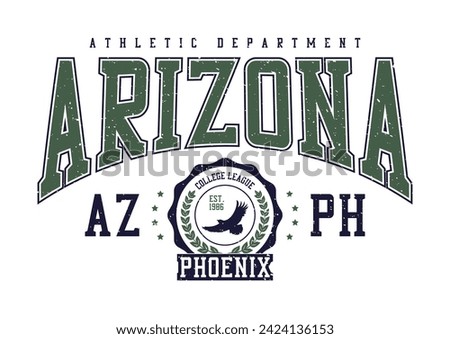 Arizona, Phoenix college style print for t-shirt with eagle. Typography graphics for college or university tee shirt design. Vintage sport apparel print with eagle and grunge. Vector illustration.
