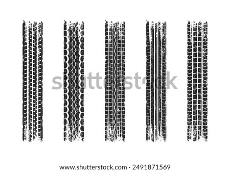 Grunge tire tracks set. Tire tread or wheel braking tracks. Car and motorcycle tread patterns. Dirty grunge textures of wheels. Vector illustration.