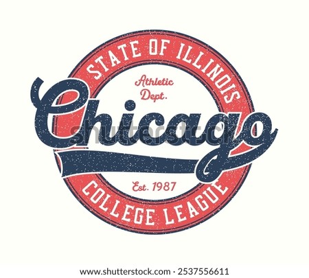 Chicago t-shirt design. Illinois college league tee shirt with inscription with swash. Graphics for athletic clothes. Grunge print for vintage sport apparel. Vector illustration.