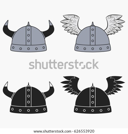Viking helmet set with horns and wings. Protective armor for the head. Vector illustration.