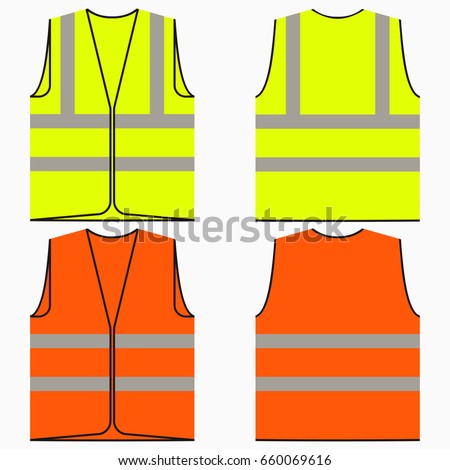 Safety vest. Set of yellow and orange work uniform with reflective stripes. Vector illustration.