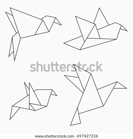 Origami bird collection. Set of line geometric shape for art of folded paper. Vector illustration.