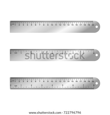 Metal measuring rulers in centimeters, inches, millimeter - aparted and combined. Vector illustration.