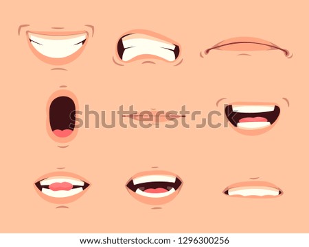 Cartoon cute mouth expressions facial gestures set with pouting lips smiling sticking out tongue isolated vector illustration