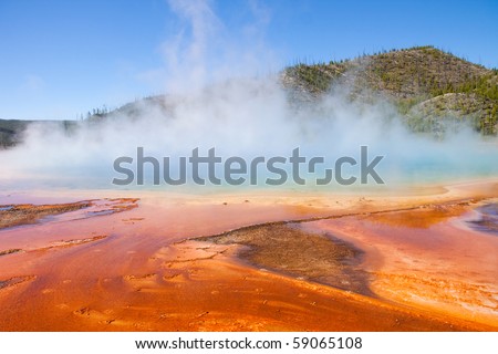 Colourful golden pool of bacteria in a volcanic run-off section of Yellowstone