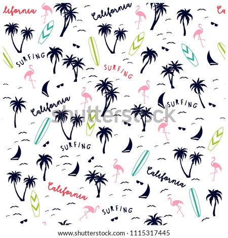 Summer seamless pattern design.Palm tree,surfboard, flamingo vector print.