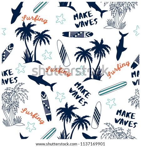 Summer seamless pattern design.Palm tree,surfboard, shark vector print.