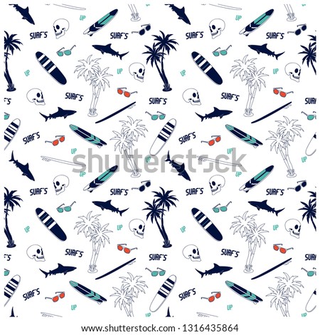 Summer seamless pattern design.Palm tree,surfboard, shark vector print. 