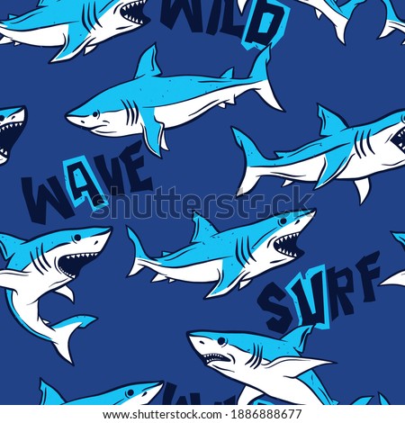 Shark seamless pattern vector print. Fun t-shirt design for kids.Vector illustration design for fashion fabrics, textile graphics, print.