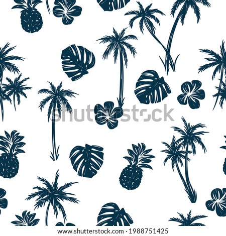 Summer seamless pattern.
Palm tree,pineapple,flower,tropical leaves drawing.Tropical t-shirt design.Vector illustration design for fashion fabrics, textile graphics, print.