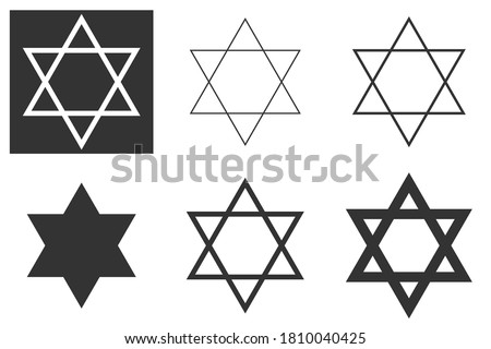Jewish Star of David Six-pointed star in black with vector icon isolated on white background. Shield of David, or Star of David, or Seal of Solomon, Hebrew hexagram. A traditional Jewish sign and one 