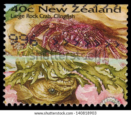 NEW ZEALAND - CIRCA 1996: A stamp printed in New Zealand shows Seashore, Large rock crab, clingfish, circa 1996