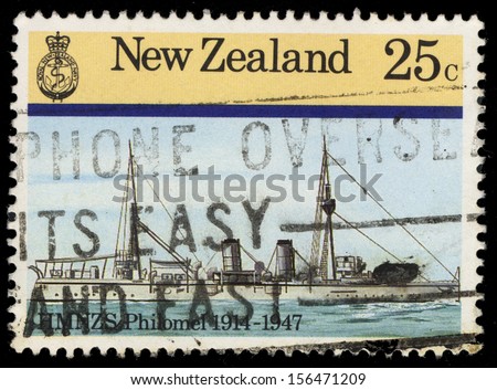 NEW ZEALAND - CIRCA 1984: A stamp printed in New Zealand shows New Zealand shows Military History-Navy HMNZS Philomel 1914-1947, circa 1985