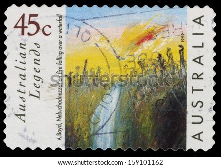 AUSTRALIA - CIRCA 1999: A Stamp printed in AUSTRALIA shows the Nebuchadnezzar on fire falling over a waterfall by Arthur Boyd, Australian Legends series, circa 1999
