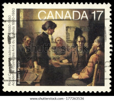 CANADA - CIRCA 1980: A stamp printed in Canada shows Meeting of the School Trustees, by Robert Harris, circa 1980