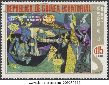 EQUATORIAL GUINEA - CIRCA 1975: A stamp printed in Equatorial Guinea, shows abstract painting by Pablo Picasso Night Fishing at Antibes, circa 1975