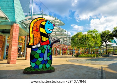 SINGAPORE - APRIL 18:  Coloful merlion standee at Universal Studios  on April 18, 2015. Universal Studios Singapore is theme park located within Resorts World Sentosa, Singapore.