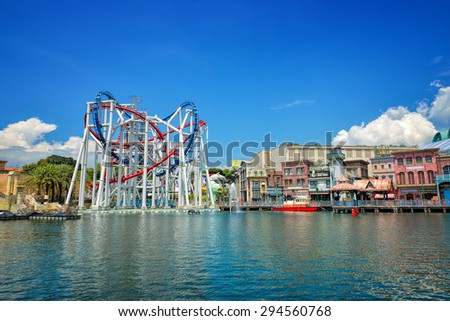 SINGAPORE - APRIL 18: Roller coaster in Universal Studios Singapore at Singapore Resorts World Sentosa on April 18, 2015.