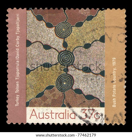 AUSTRALIA - CIRCA 1979: A stamp printed in Australia shows Bush Potato Country (Turkey Tolsen Tjupurrala and David Corby Tjapaltjarri), Aboriginal painting, circa 1979