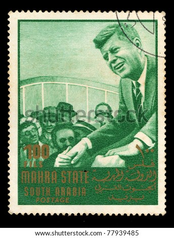 SOUDI ARABIA - CIRCA 1967: A stamp printed in Mahra State of Saudi Arabia shows a leader with supporters, circa 1967