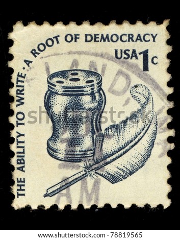 USA - CIRCA 1985: A stamp printed in USA shows image of accessories for writing, circa 1985