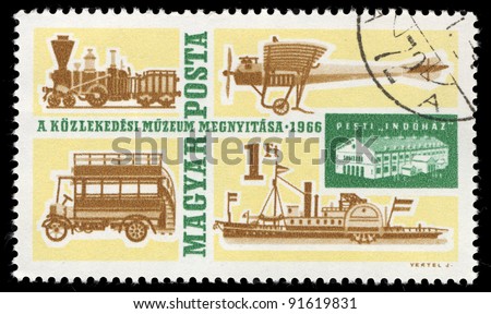 HUNGARY - CIRCA 1966: A stamp printed in Hungary shows Train, Museum,  Bus, Aircraft and Ship, circa 1966