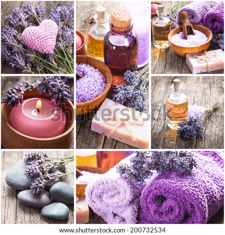 Lavender spa - essential oil, seasalt, violet towels and handmade soap
