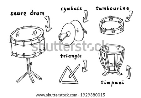 Percussion instruments vector set. Snare drum, cymbals, tambourine, timpani, triangle with 3d arrows sketch.