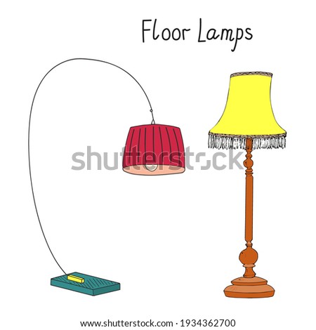 Floor Lamps vector set with inscription. Futuristic lamp and Vintage torchiere with fringed lampshade hand drawn artistic sketch
