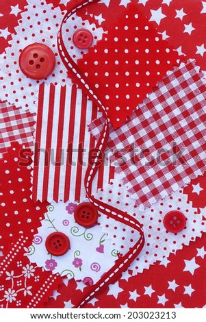Accessories for sewing: fabric, buttons in red-white color