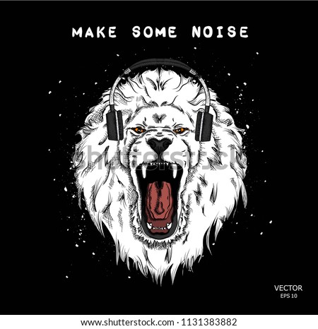 A hipster lion in headphones on a background of blots. Vector illustration Stock foto © 