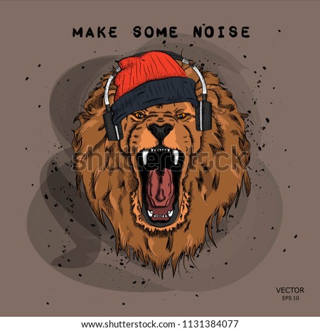 A hipster lion in headphones and  in cap on a background of blots. Vector illustration Stock foto © 