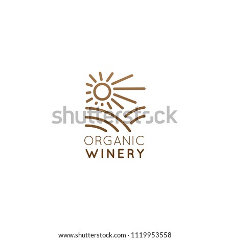 Vector Icon Style Illustration Logo of Organic Natural Winery or Wineyard, Quality Label or Badge for a Production Package or Bottle, Minimalistic Outline Concept with Field and Sun