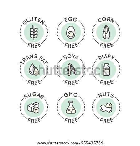 Isolated Vector Style Illustration Logo Set Badge Ingredient Warning Label Icons. Allergens Gluten, Lactose, Soy, Corn, Diary, Milk, Sugar, Trans Fat. Vegetarian and Organic symbols. Food Intolerance