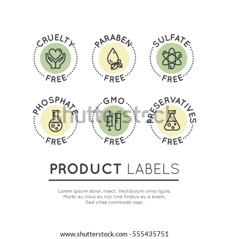 Isolated Vector Style Illustration Logo Set Badge Ingredient Warning Label Icons. GMO, SLS, Paraben, Cruelty, Sulfate, Sodium, Phosphate, Silicone, Preservative Free Organic Product Stickers