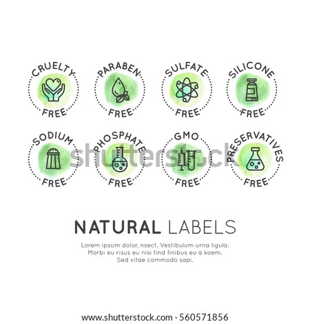 Isolated Vector Style Watercolor  Logo Set Badge Ingredient Warning Label Icons. GMO, SLS, Paraben, Cruelty, Sulfate, Sodium, Phosphate, Silicone, Preservative Free Organic Product Stickers