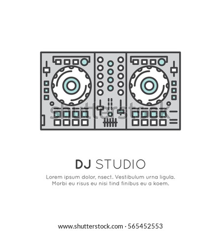 Simple Vector Icon Style Music Logos. Recording Studio Label. Podcast and Radio Badge with Sample Text. Design with Mixing console DJ