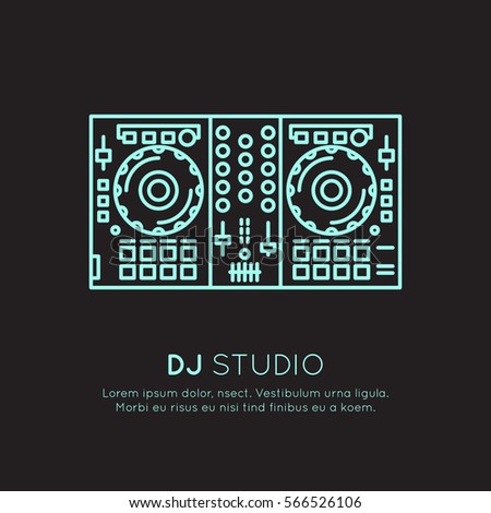 Simple Vector Icon Style Music Logos. Recording Studio Label. Podcast and Radio Badge with Sample Text. Design with Mixing console DJ