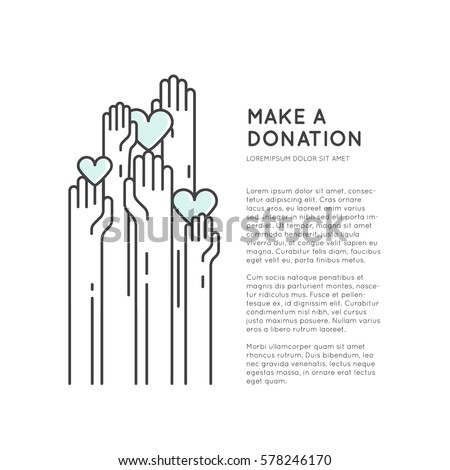 Vector Icon Style Illustration Card or Poster Template with Charity and Fundraising Objects. Volunteer Poster. Rising Hands for Help, Funsraising Event Brochure Template