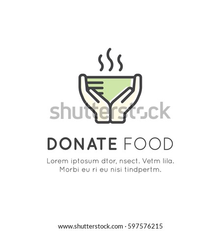 Vector Icon Style Illustration Card or Poster Template with Charity and Fundraising Objects. Volunteer Poster. Share Food, Event Brochure Template.