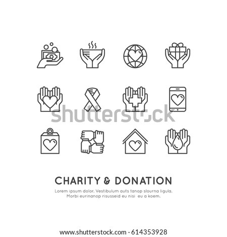 Vector Icon Style Illustration Set of Graphic Elements for Nonprofit Organizations and Donation Centre. Fundraising Symbols, Crowdfunding Project Label, Charity Logo, Cooperation, Volunteer, Support