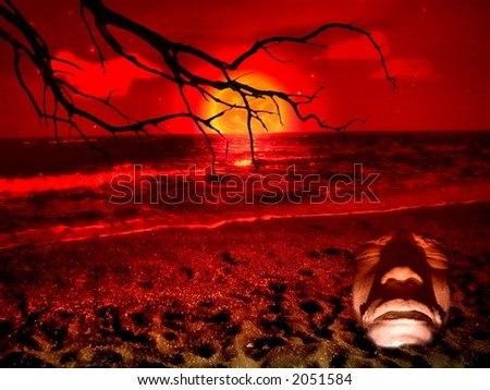 Scary fantasy scene of the beach with red moon and face of dead