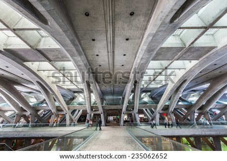 LISBON, PORTUGAL - JUNE 26: Modern architecture at the Oriente Station (Gare do Oriente) on June 26, 2014 in Lisbon, Portugal