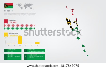 Infographic of Vanuatu map there is flag and population, religion chart and capital government currency and language, vector illustration